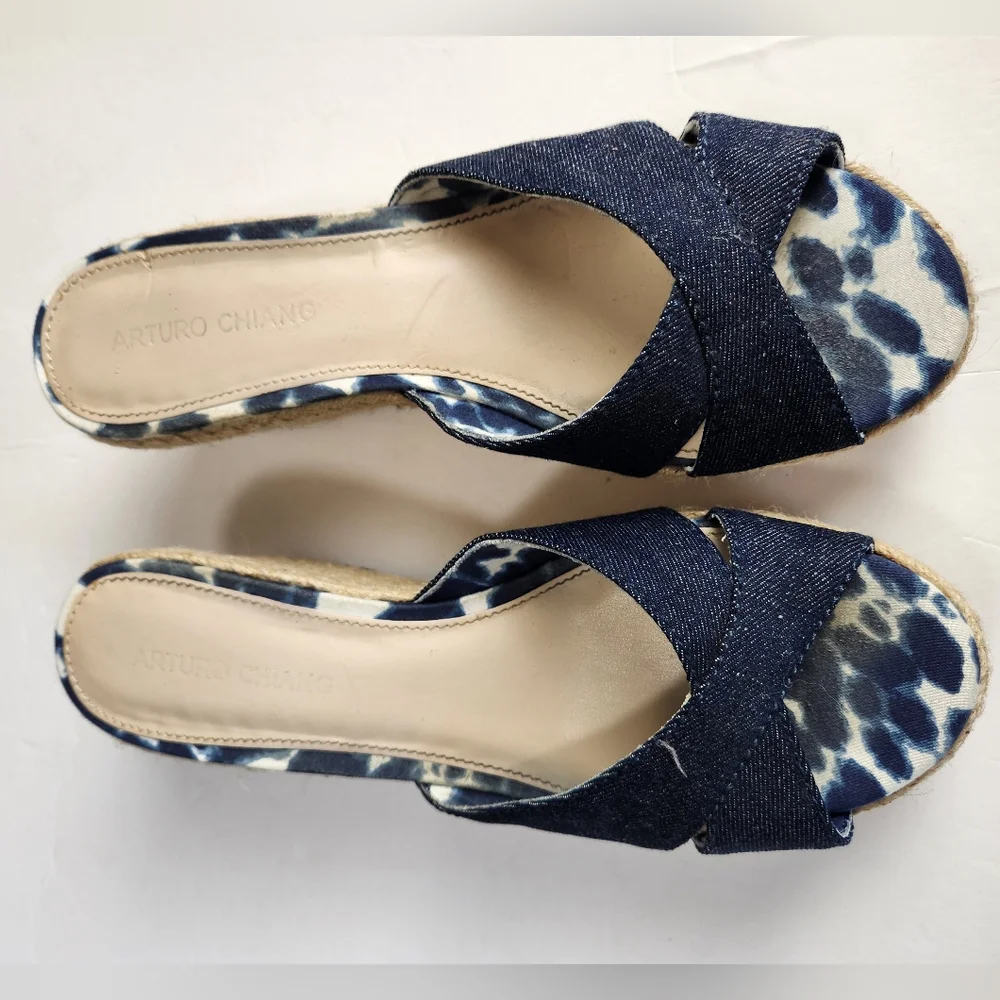 Arturo Chiang Blue Denim Espadrille Wedge Sandals Size 9B